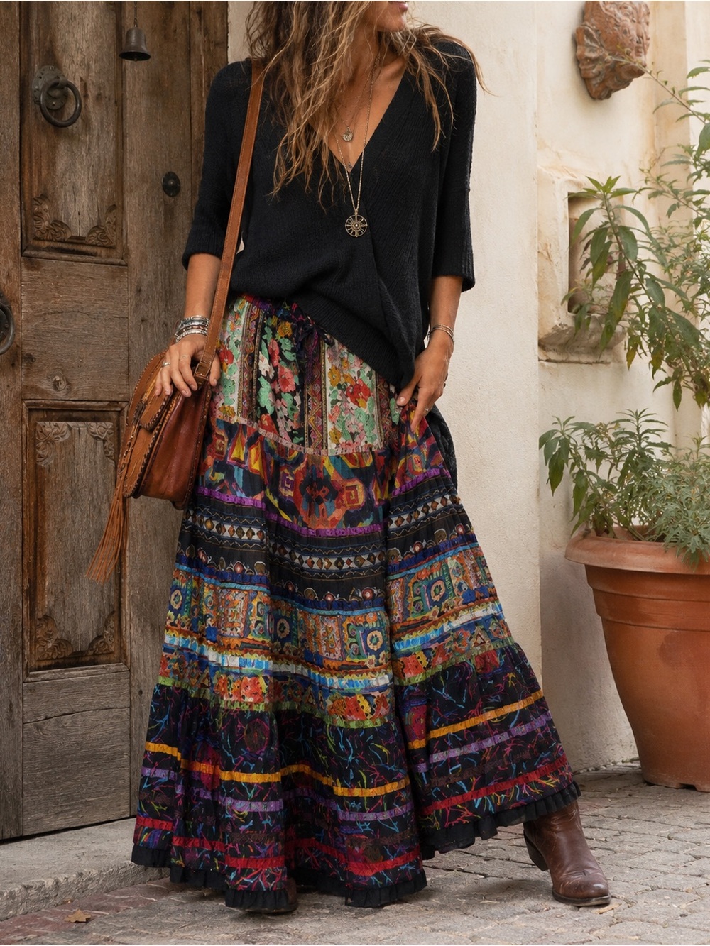 Soft Surroundings Boho Patchwork Tiered Maxi Skirt Cotton Multicolor M